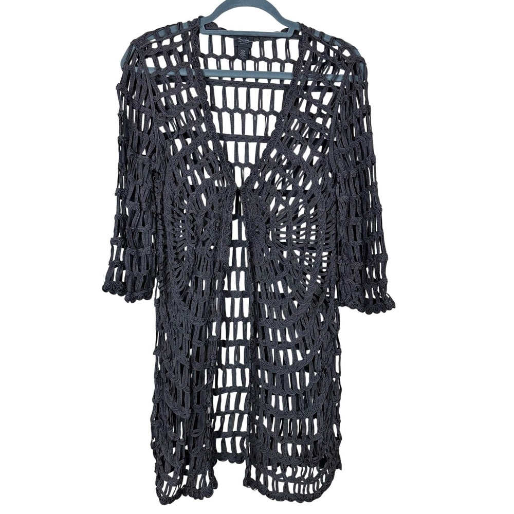 Chico's Travelers Charcoal Plum Crochet Open Front Cardigan Longline Rayon - Picture 2 of 10